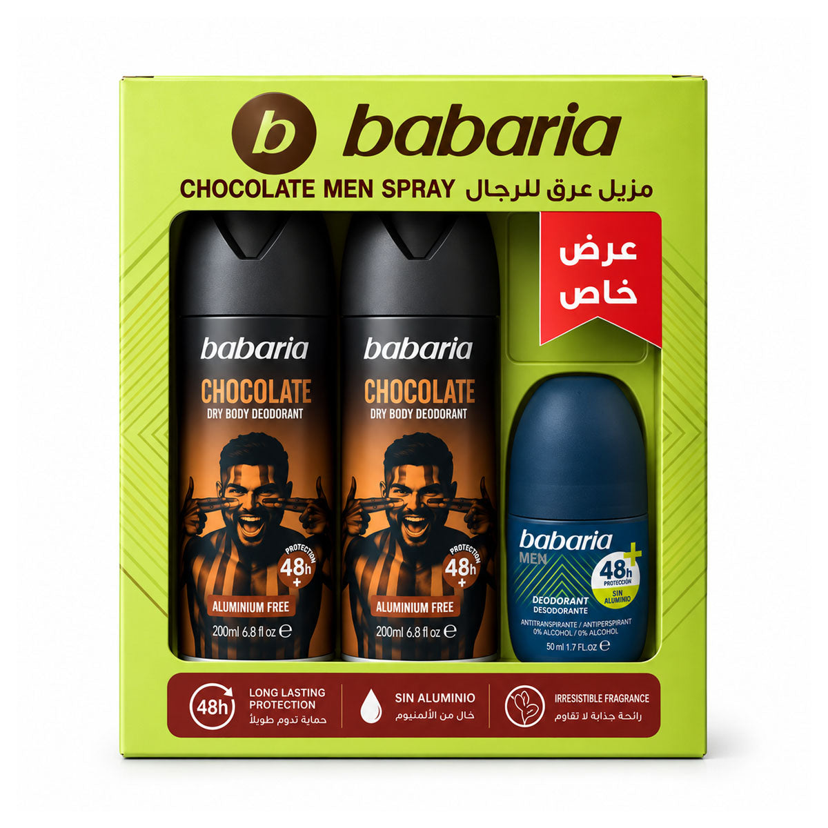 Babaria Body Spray Deodorant Chocolate - Men 2 x 200ml + Deodorant Roll On - Men 50ml