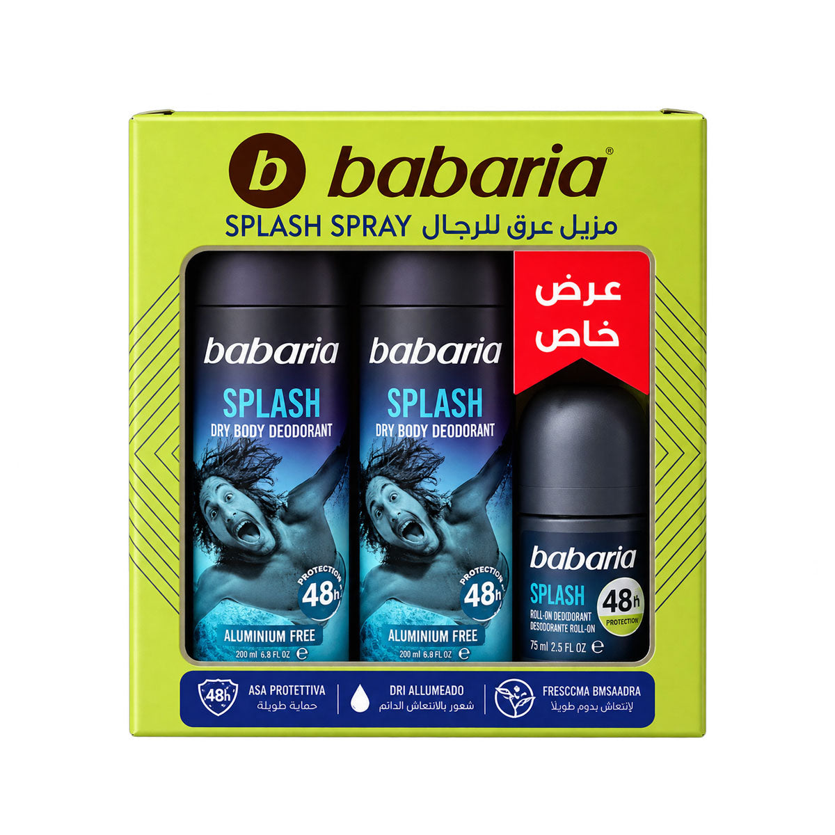 Babaria Body Spray Deodorant Splash - Men 2 x 200ml Offer + Deodorant Roll On - Men 50ml