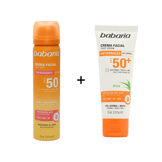 Babaria Sunscreen Facial Mist Spf50 Spray 75ml + Babaria Facial Sun Cream Aloe Vera Anti-wrinkle Spf 50+ 75ml