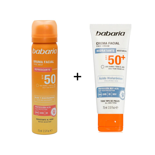 Babaria Sunscreen Facial Mist Spf50 Spray 75ml + Babaria Facial Sun Cream Hyaluronic Acid Spf 50+ 75ml