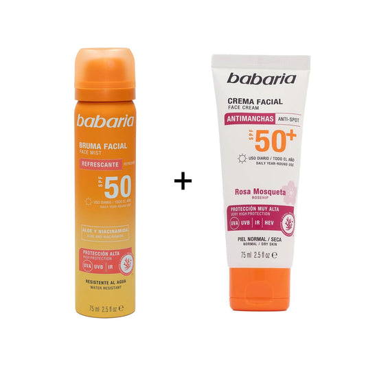 Babaria Sunscreen Facial Mist Spf50 Spray 75ml + Babaria Rosehip Facial Sun Cream Spf 50+ Anti-spot 75ml