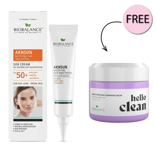 Bio Balance Aknsun Mattifying Aqua Fusion Dry Touch 50+spf 40ml + Free Hello Clean 100ml