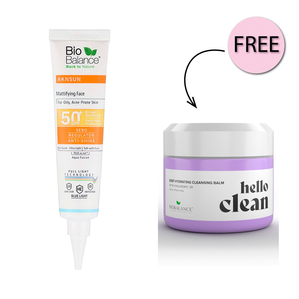 Bio Balance Aknsun Mattifying Aqua Fusion Dry Touch 50+spf 40ml + Free Hello Clean 100ml