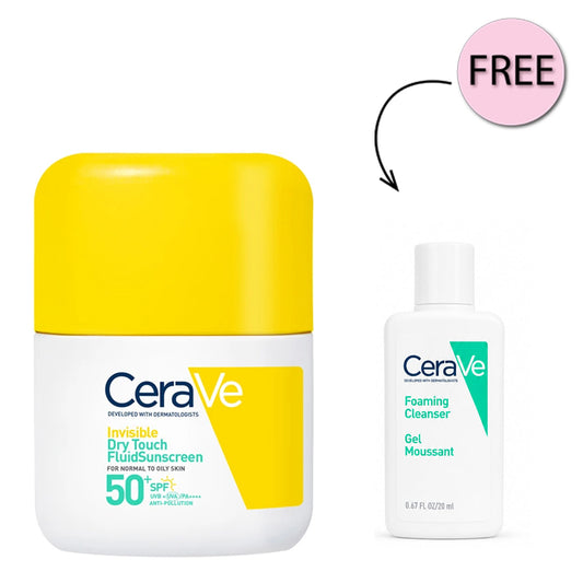CeraVe Invisible Dry Touch Fluid Sunscreen SPF50 Normal to Oily Skin 50ml +Free Cerave Foaming Cleanser 20ml