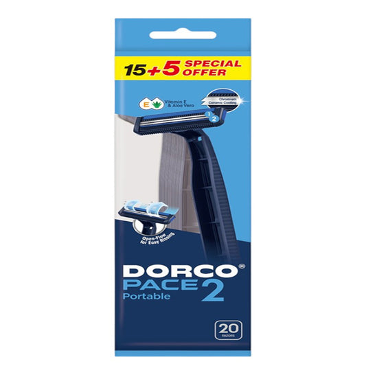 Dorco Pace 2 Disposable Razors For Men, 2 Blades Head, 15+5 Plastic Handles In A Pouch