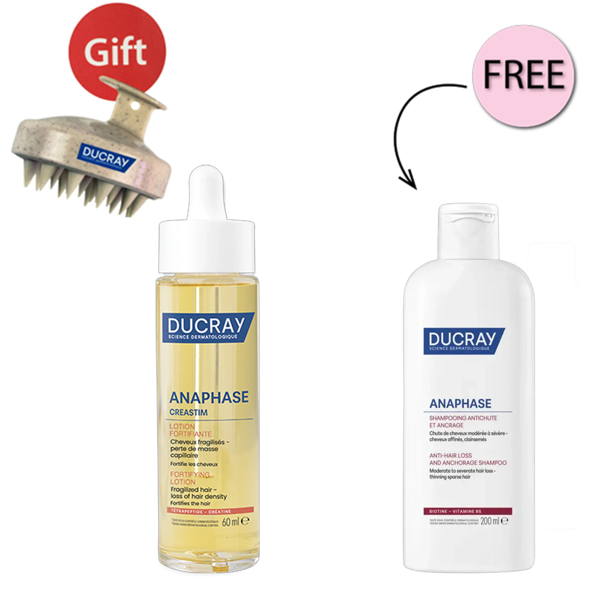 Ducray Anti Acute Hair Loss Complete Routine Anaphase+ Shampoo + Creastim Reactiv Lotion + Gift Brush