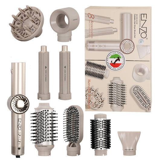 ENZO Foldable Hair Dryer Brush Set – 8 Accessories Styling Kit - EN-6208