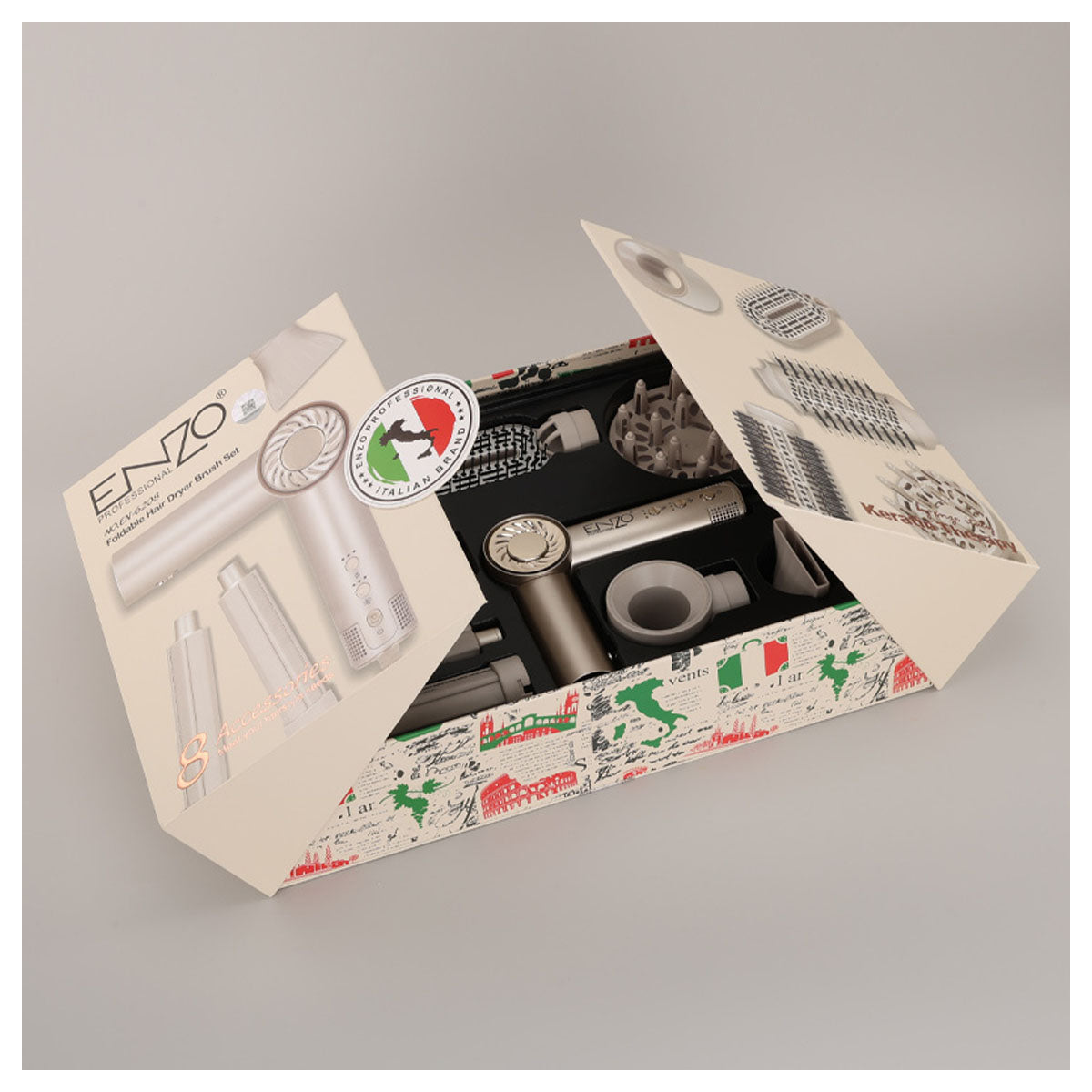 ENZO Foldable Hair Dryer Brush Set – 8 Accessories Styling Kit - EN-6208