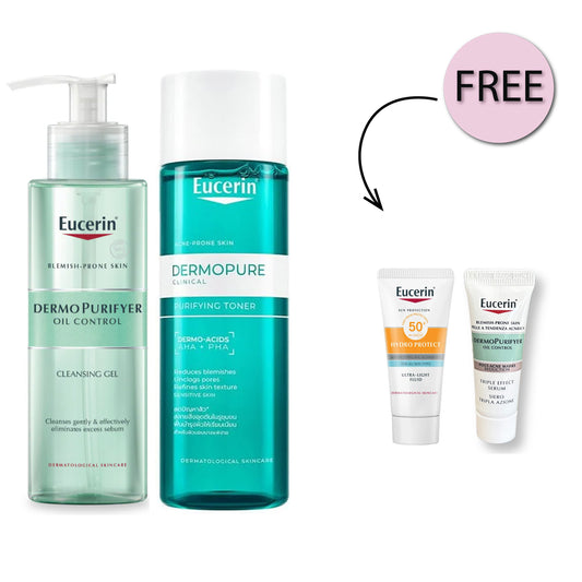 Eucerin Dermopurifyer Cleansing Gel 200ml + Toner 200ml + Free Eucerin Triple Serum 7ml+ Free Hydro Protect Spf50+ 5ml