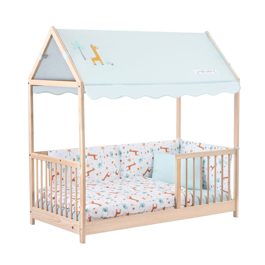 Kukka Natural Wooden Montessori Activity Bed 70X140cm - Giraffe Blue