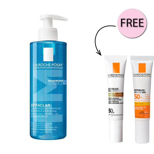 La Roche-Posay Effaclar Acne Foaming Cleansing Gel for Oily and Acne Prone Skin 400ml + Free Age spf50+ 15ml + Uv Fluid spf50+ 15ml