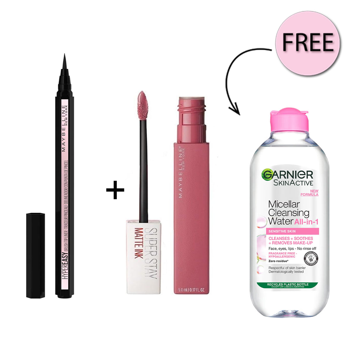 Maybeline Hyper Easy Liner Nu 800 Knockout Bl + Maybelline Superstay Matte Ink Liquid Lipstick 15 Lover + Free Garnier Micellar Cleansing Water 400ml