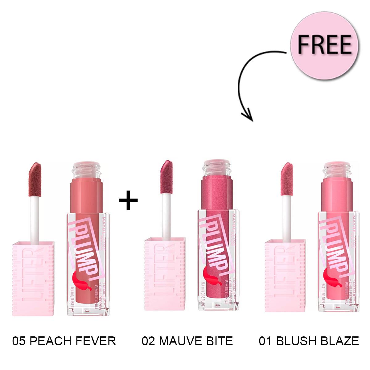 Maybelline Lifter Plump Chili Pepper 05 Peach Fever + Maybelline Lifter Plump Chili Pepper 02 Mauve + Free Maybelline Lifter Plump Chili Pepper 01 Blush Blaze Offer