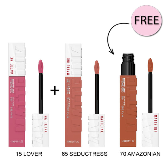 Maybelline Superstay Matte Ink Liquid Lipstick 15 Lover + Maybelline Superstay Matte Ink Liquid Lipstick 65 Seductress + Free Maybelline Superstay Matte Ink Liquid Lipstick 70 Amazonian