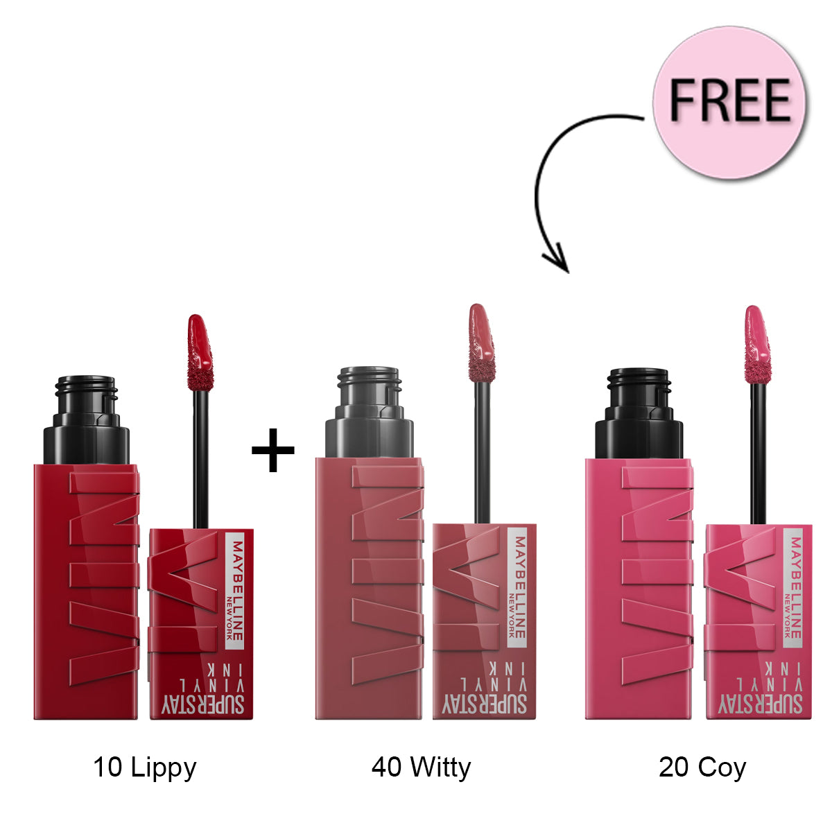 Maybelline Superstay Vinyl Ink Lipstick 10 Lippy + Maybelline Superstay Vinyl Ink Lipstick 40 Witty + Free Maybelline Superstay Vinyl Ink Lipstick 20 Coy Offer