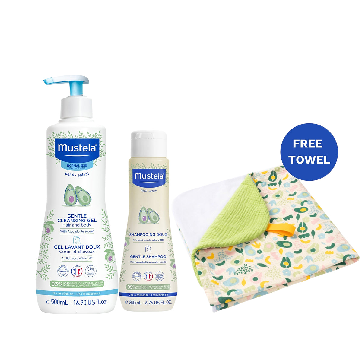 Mustela Baby Gentle Cleansing Gel Hair & body 500ml + Mustela Gentle Baby Shampoo 200ml + Free Baby hooded towel