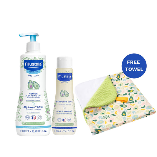 Mustela Baby Gentle Cleansing Gel Hair & body 500ml + Mustela Gentle Baby Shampoo 200ml + Free Baby hooded towel