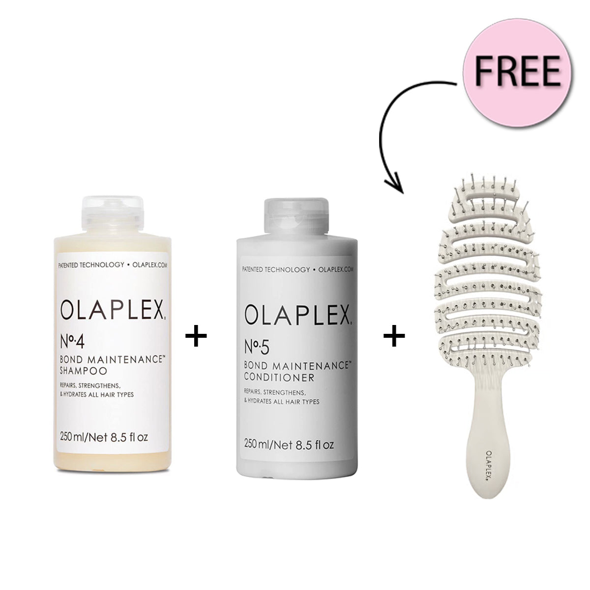 Olaplex Nº.5 Bond Maintenance Conditioner 250ml + Olaplex Nº.4 Bond Maintenance Shampoo 250ml + Free Olaplex Brush
