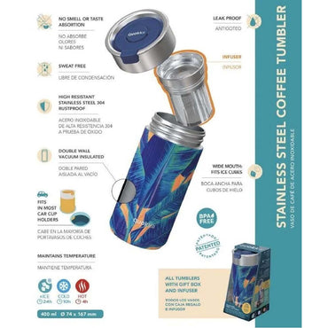 Quokka Thermal Stainless Steel Tumbler With Infuser - Blue Jungle 400 Ml