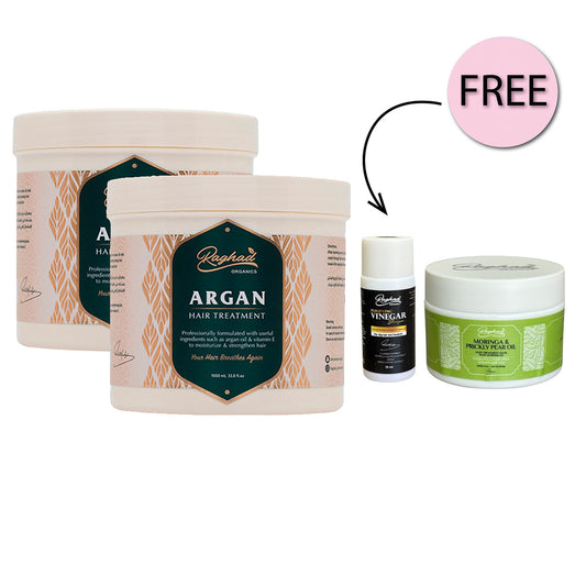 Raghad Organics Argan Hair Treatment 1000ml X2 + Free Vinger Shampoo 15ml + Free Moringa & Prickly Pear 50ml