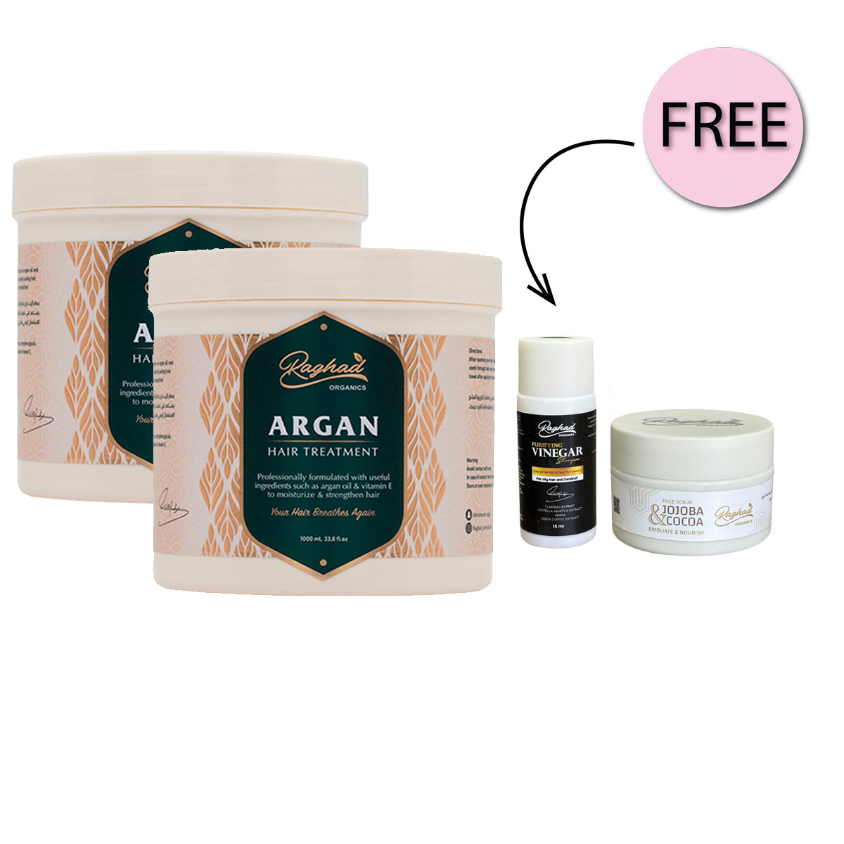 علاج الشعر بالأرغان من رغد أورجانيكس 1000 مل × 2 + شامبو الخل المنقي 15 مل مجانًا + مقشر القهوة والزنجبيل 50 مل مجانًا