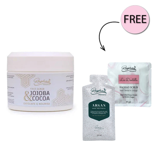 Raghad Organics Jojoba & Cocoa Scrub 250ml + Free La Dentelle Scrub 40g + Free Argan Hair Treatment 20ml