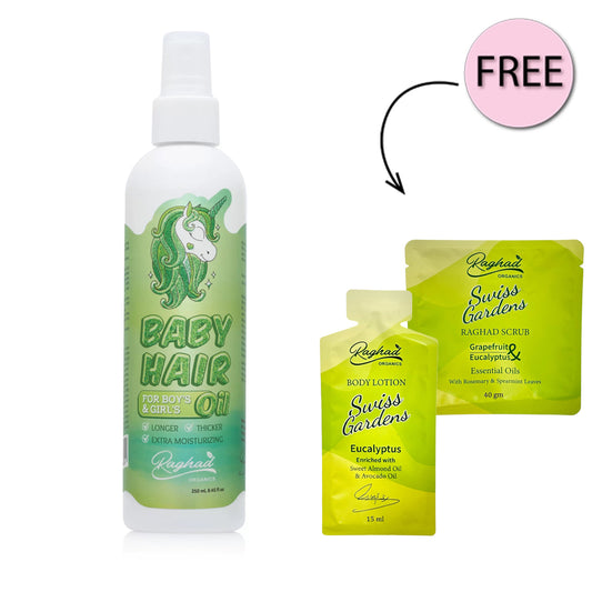 Raghad Organics Kids Hair Oil 250ml + Free Swiss Gardens Scrub 40g + Free Swiss Gardens Body Lotion 15ml