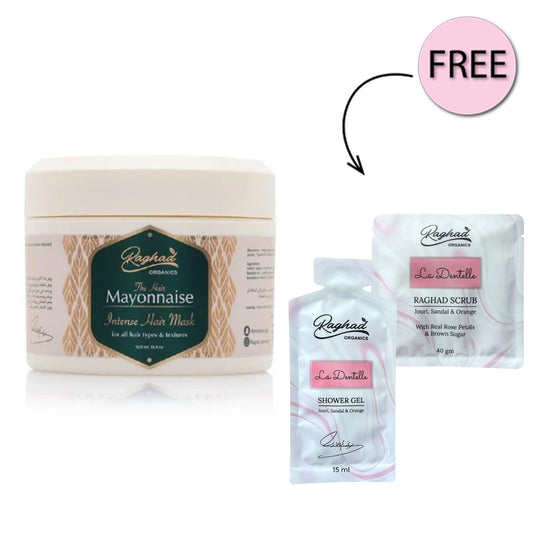 Raghad Organics Mayonnaise Hair Mask 500ml Free La Dentelle Scrub 40g + Free La Dentelle Shower Gel 15ml