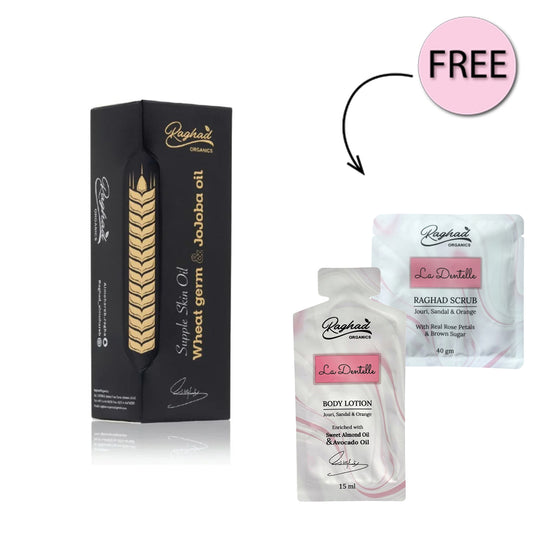 Raghad Organics Wheat Germ & Jojoba Oil 120ml +Free La Dentelle Scrub 40g + Free La Dentelle Body Lotion 15ml