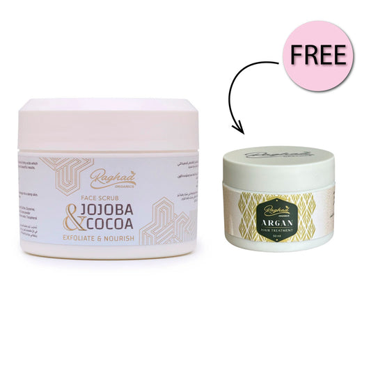 Raghad Organics Jojoba & Cocoa Scrub 250ml + Free Argan Hair Treatment 50ml