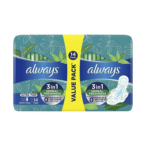 ALWAYS 3-IN-1 HERBAL FRESHNESS ULTRA THIN EXTRA LONG SANITARY PADS WITH WINGS 14 PADS