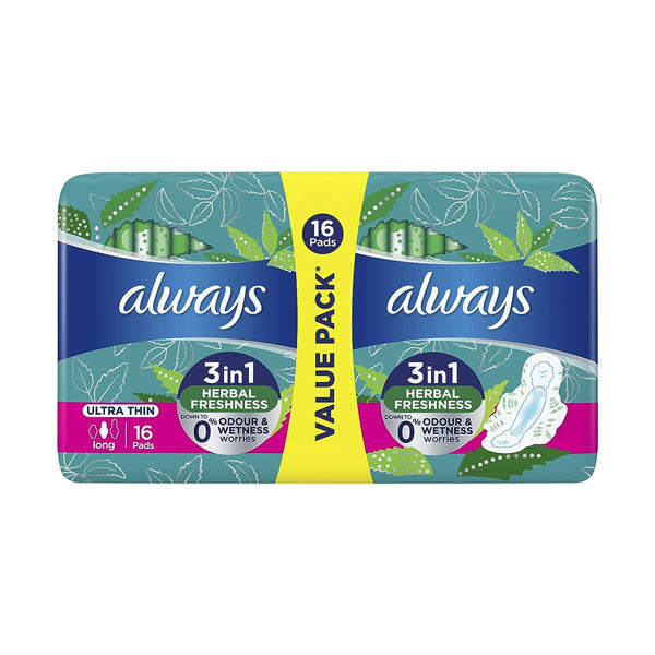 ALWAYS 3-IN-1 HERBAL FRESHNESS ULTRA THIN LONG SANITARY PADS WITH WINGS 16 PADS