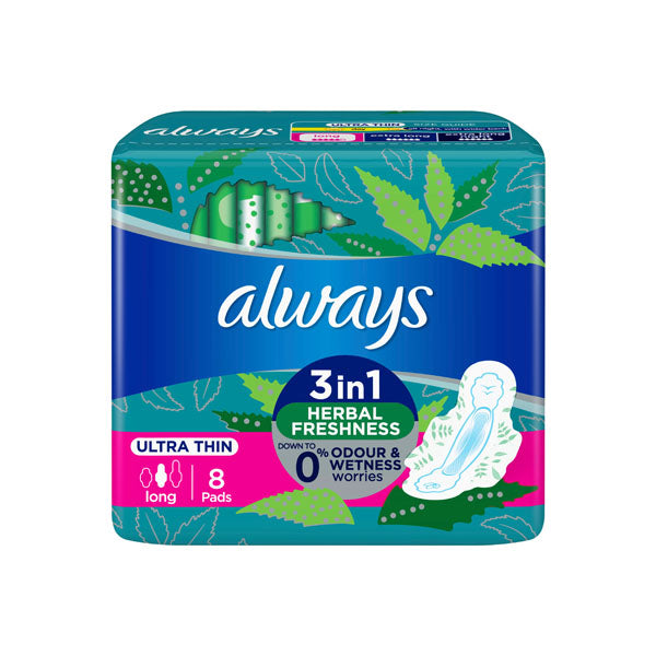 ALWAYS 3-IN-1 HERBAL FRESHNESS ULTRA THIN LONG SANITARY PADS WITH WINGS 8 PADS
