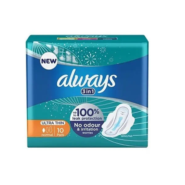 ALWAYS 3-IN-1 ULTRA THIN NORMAL SANITARY PADS WITH WINGS 10 PADS