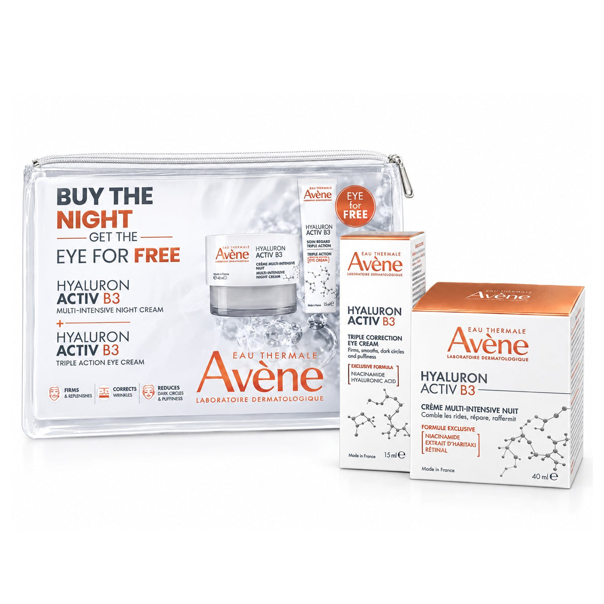Avene Hyaluron Activ B3 Multi-Intensive Night Cream 40ml + Free Avene Hyaluron Active B3 Triple Correction Eye Cream 15ml + Free Bag