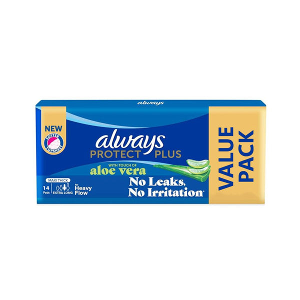 Always Protect Plus With Touch Of Aloe Vera 14 Pads Maxi Thick Extra Long 