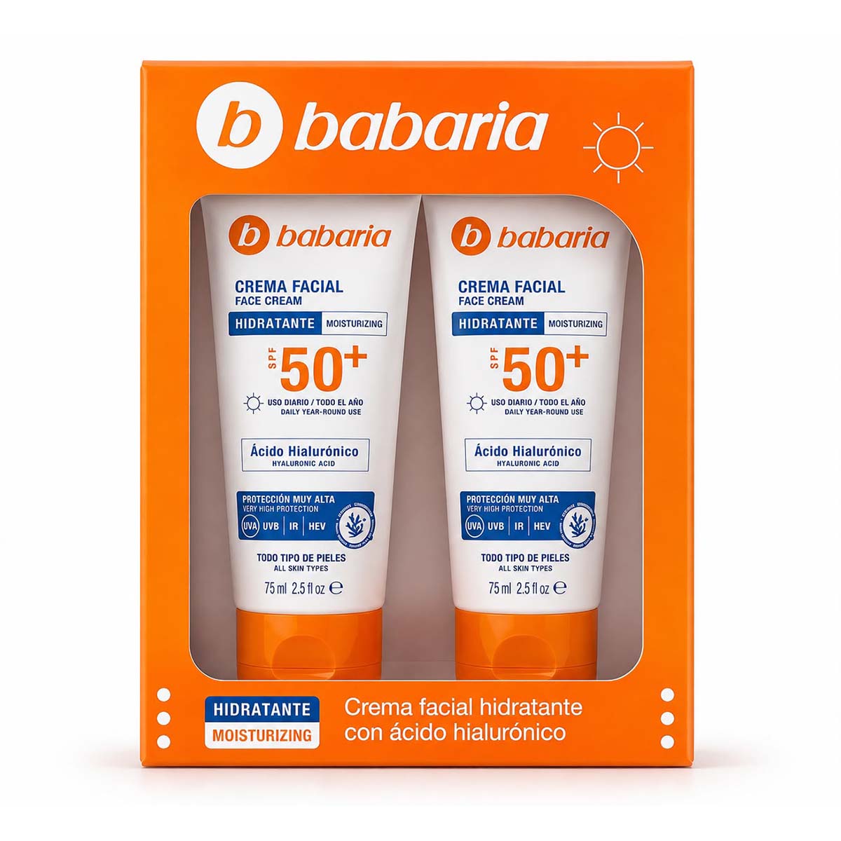 Babaria Facial Sun Cream Hyaluronic Acid Spf 50+ 75ml Twin Pack Offer