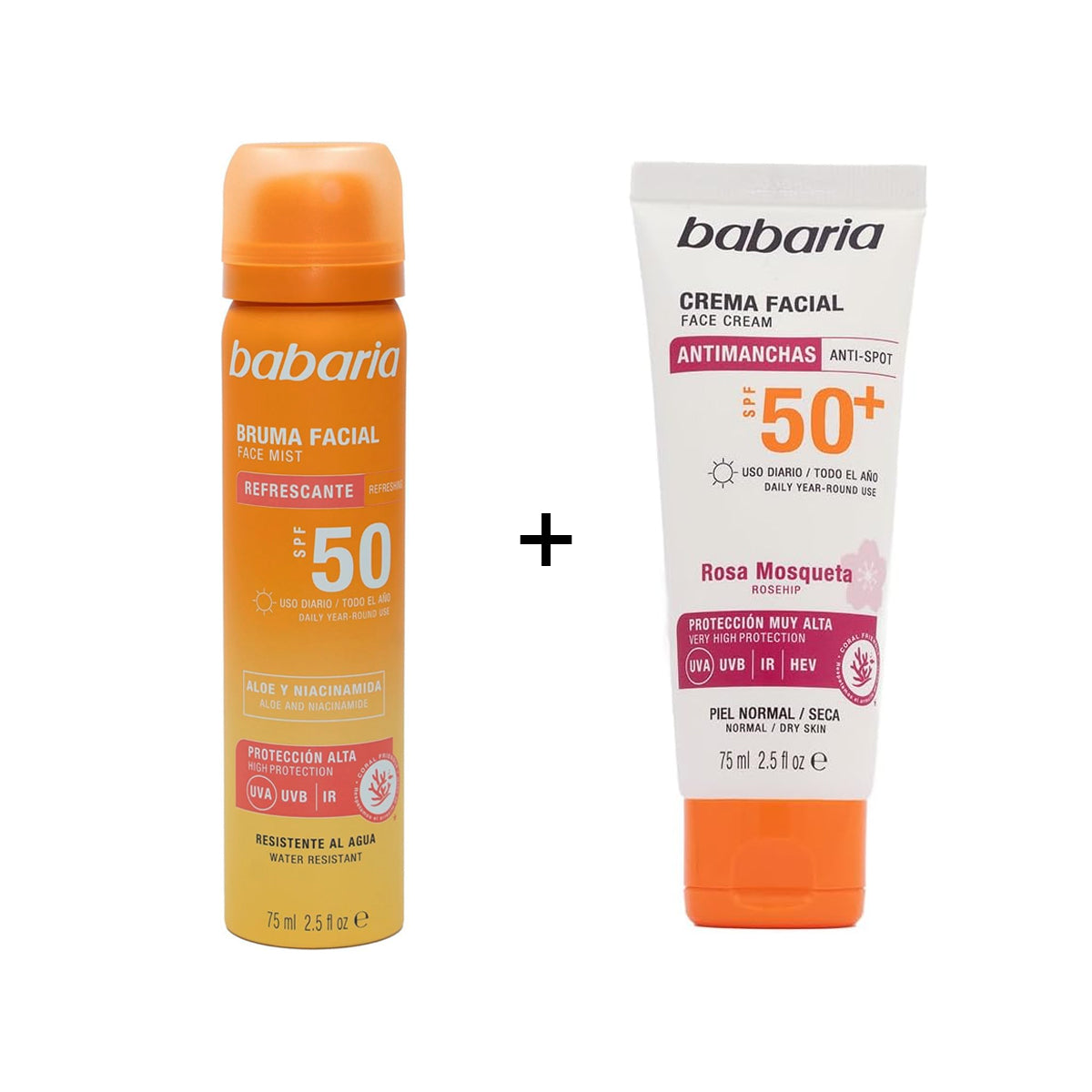 Babaria Sunscreen Facial Mist Spf50 Spray 75ml + Babaria Rosehip Facial Sun Cream Spf 50+ Anti-spot 75ml