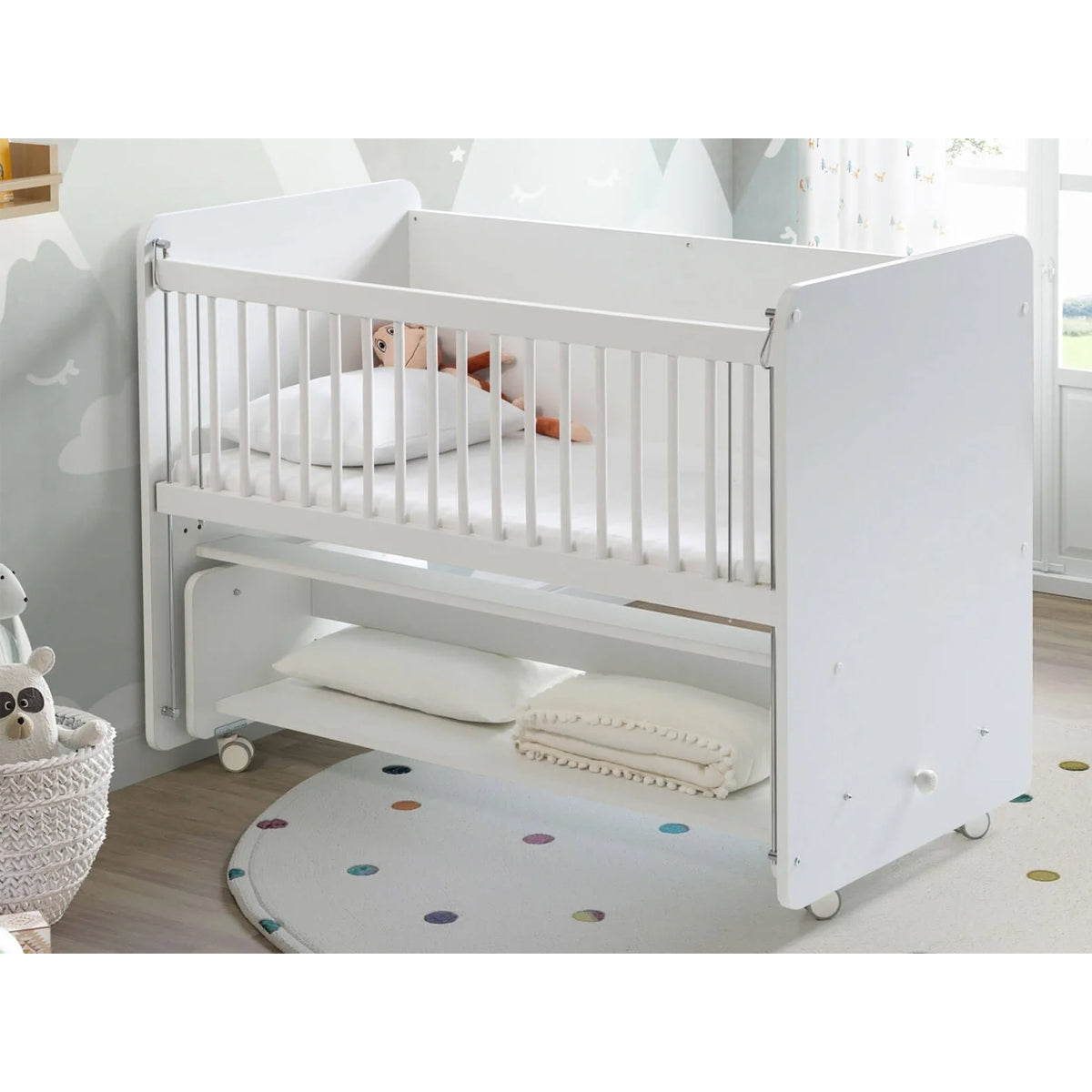 Babywhen Rocking Mother Side Crib With Wheels - White (Bw 1090)