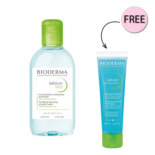 Bioderma Sebium H2o Micelle Solution 250ml Bioderma Sebium Gel Moussant Actif (Salicylic Acid + Glycolic Acid) 200ml + Free Sebium Gel 45ml