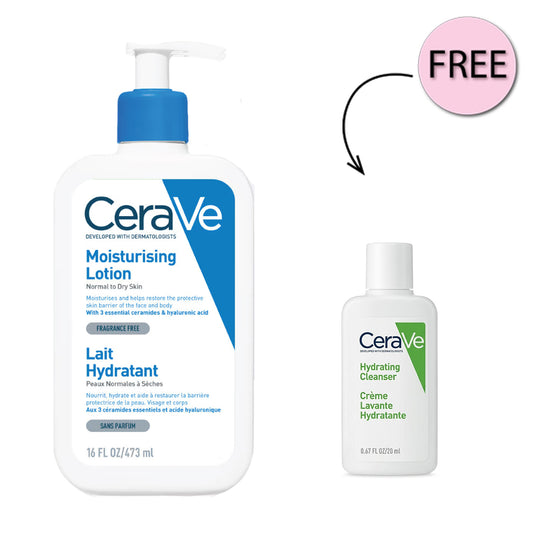 Cerave Moisturizing Lotion for Normal to Dry Skin with Hyaluronic Acid 473ml +Free Cerave Hydrating Cleanser 20ml