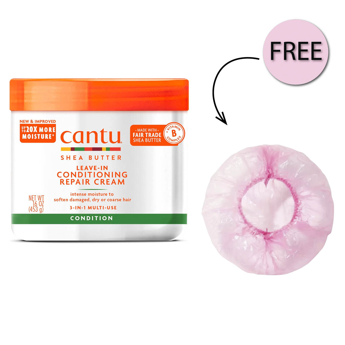 Cantu Shea Butter Leave In Conditioning Repair Cream 453g + Free Shower Cap