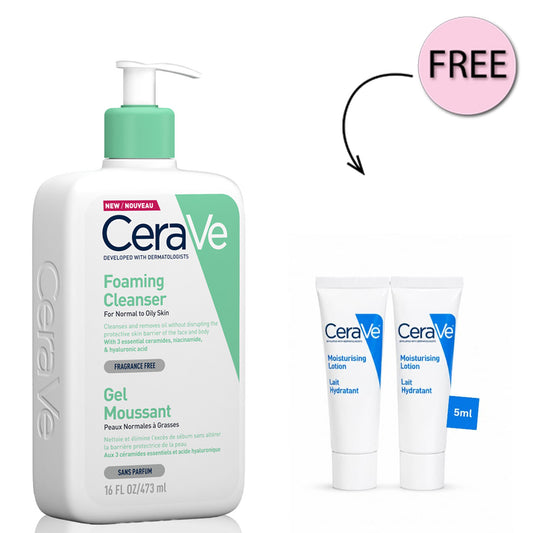 Cerave Foaming Cleanser for Normal to Oily Skin with Hyaluronic Acid 473Ml +Free Moisturizing Lotion 5ml