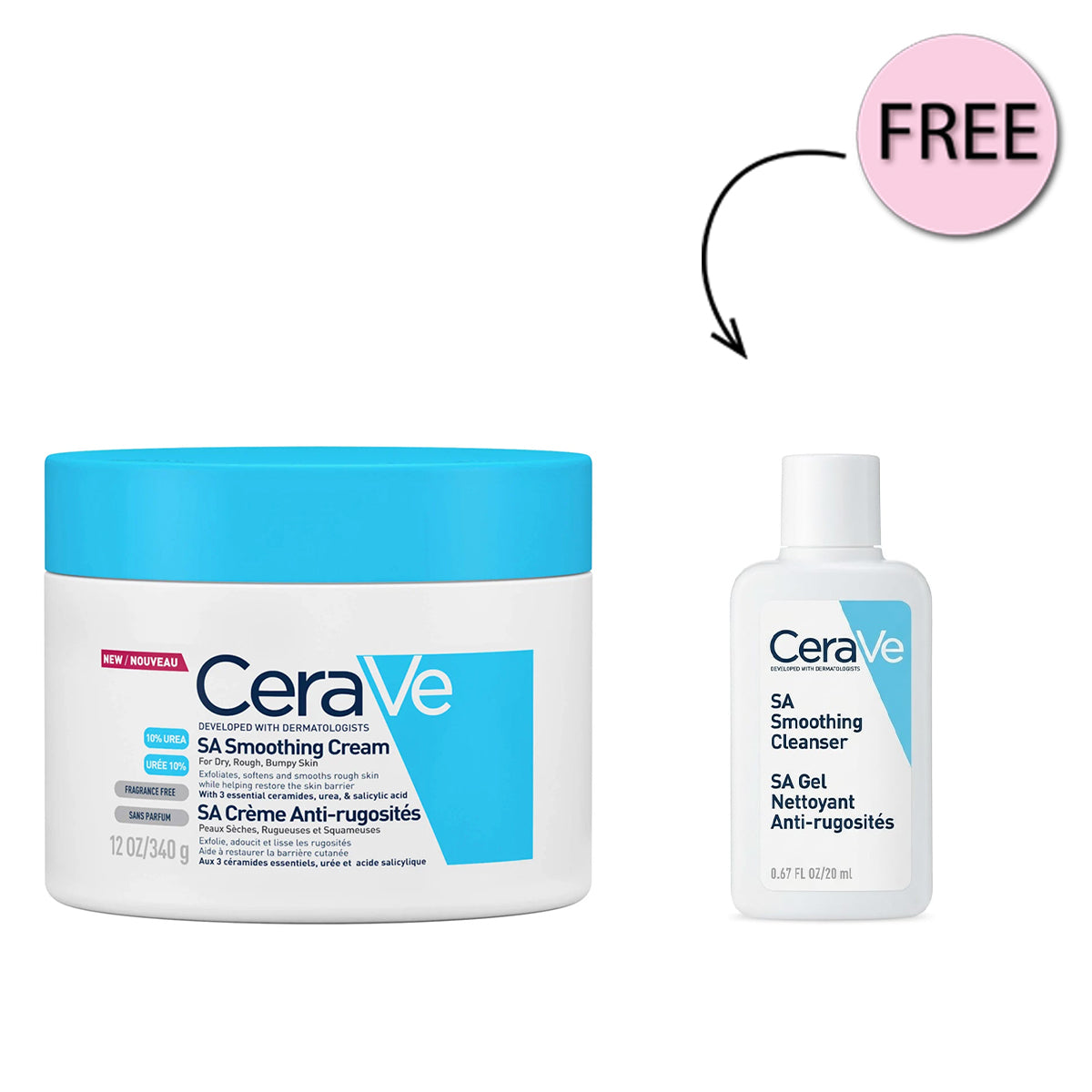 Cerave SA Smoothing Cream for Dry, Rough, Bumpy Skin 10% Urea 340g +Free Cerave SA Smoothing Cleanser 20ml
