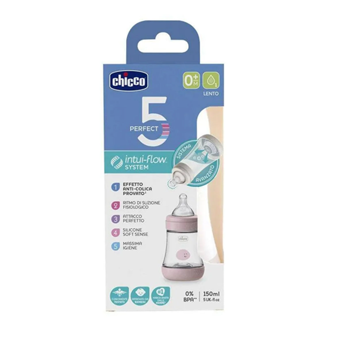 Chicco Feeding Baby Bottle Silicone Teat Perfect5 Pink 0m+ Slow Flow 150ml
