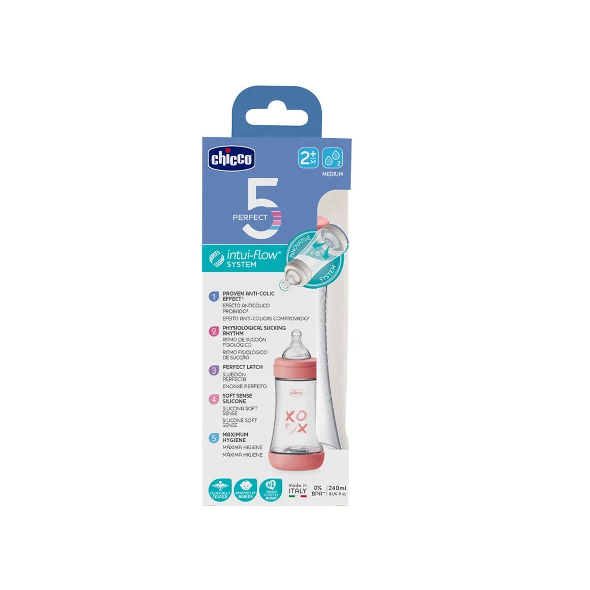 Chicco Feeding Baby Bottle Silicone Teat Perfect 5 Pink 2m+ Medium Flow 240ml