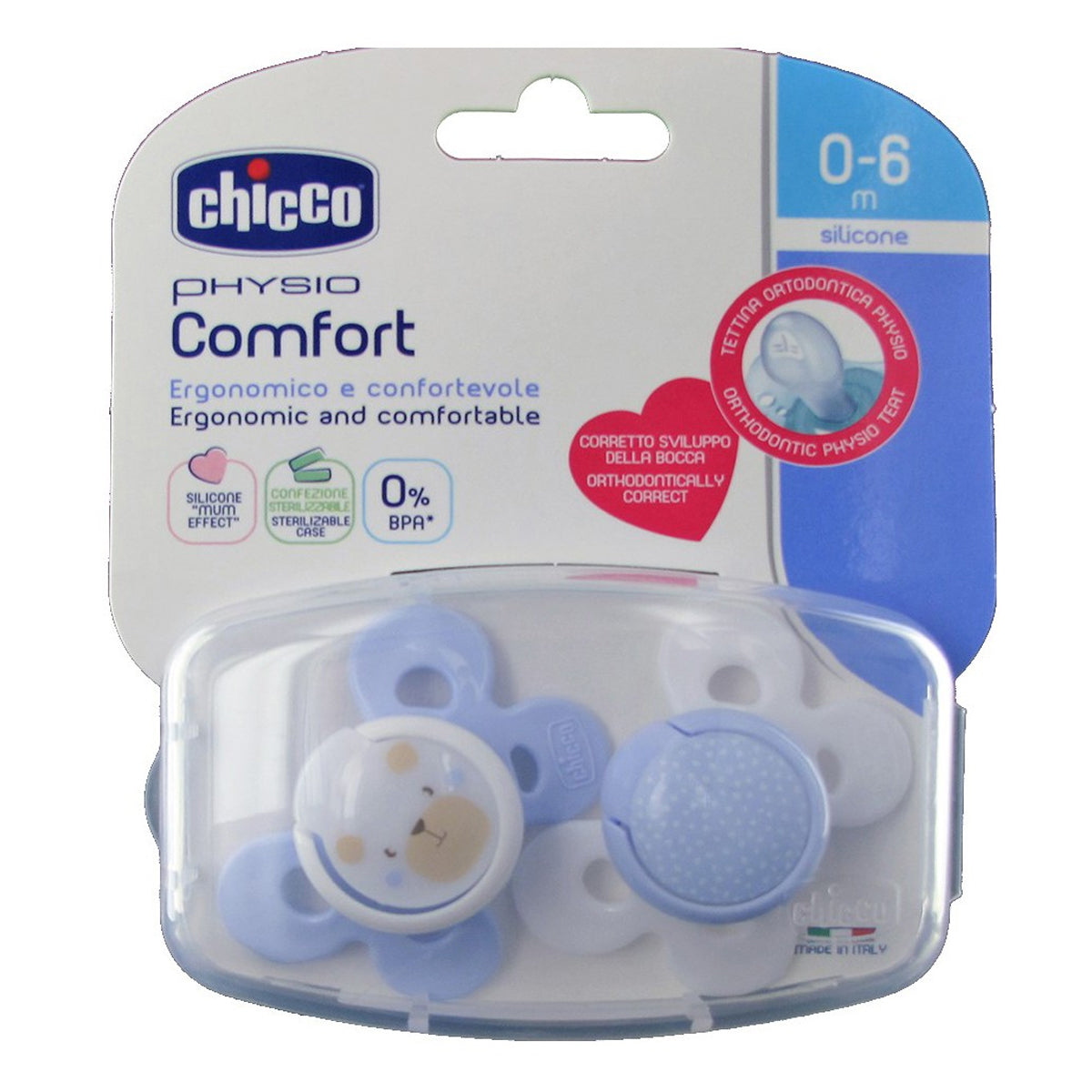 Chicco Physio Comfort Silicone Soother (0-6 m) 2 Pcs Boy (Blue)