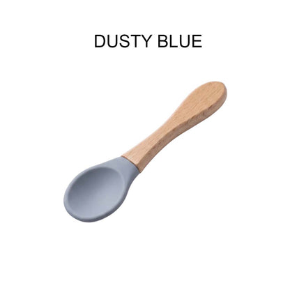 Ababy Silicone Baby Feeding Spoon Soft Rounded Tip With Natural Wooden Handle 4 Months Plus
