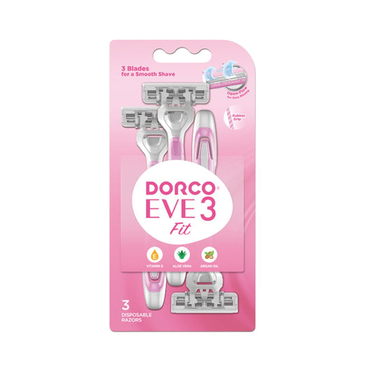 Dorco Eve 3 Disposable Razors for Women, 3 Blades Pivoting Head, 3 Rubber Handles On A Card