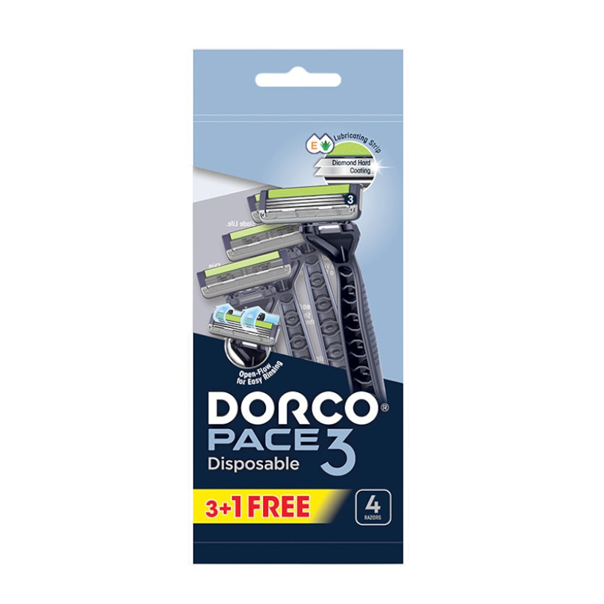 Dorco Pace 3 Disposable Razors for Men, 3 Blades Pivoting Head, 3+1 Plastic Handles In A Pouch